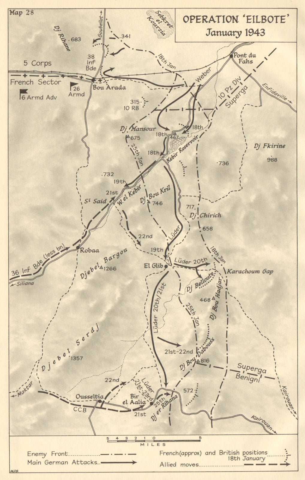 Operation Eilbote (Courier) January 1943. Tunisia. World War 2 1966 old map